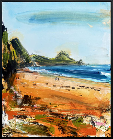 Christian Nicolson nz abstract landscape art, Mangawai surfers, avrylic on canvas